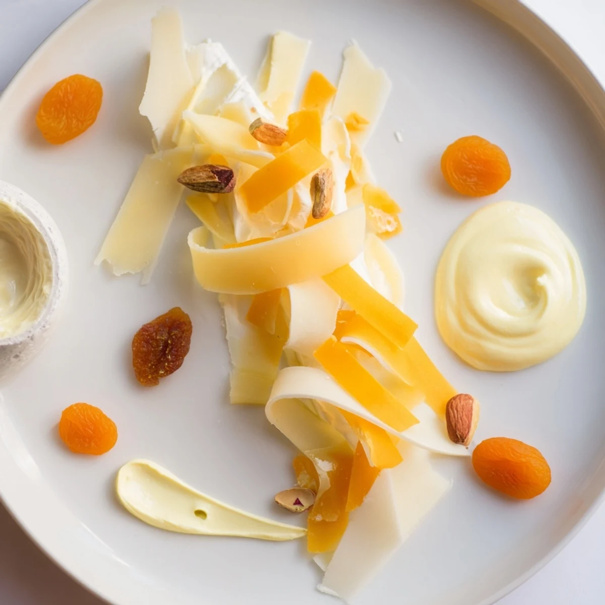 Elegant The Saffron Silk appetizer features rich, saffron-tinged cheeses artfully arranged for easy sharing.
