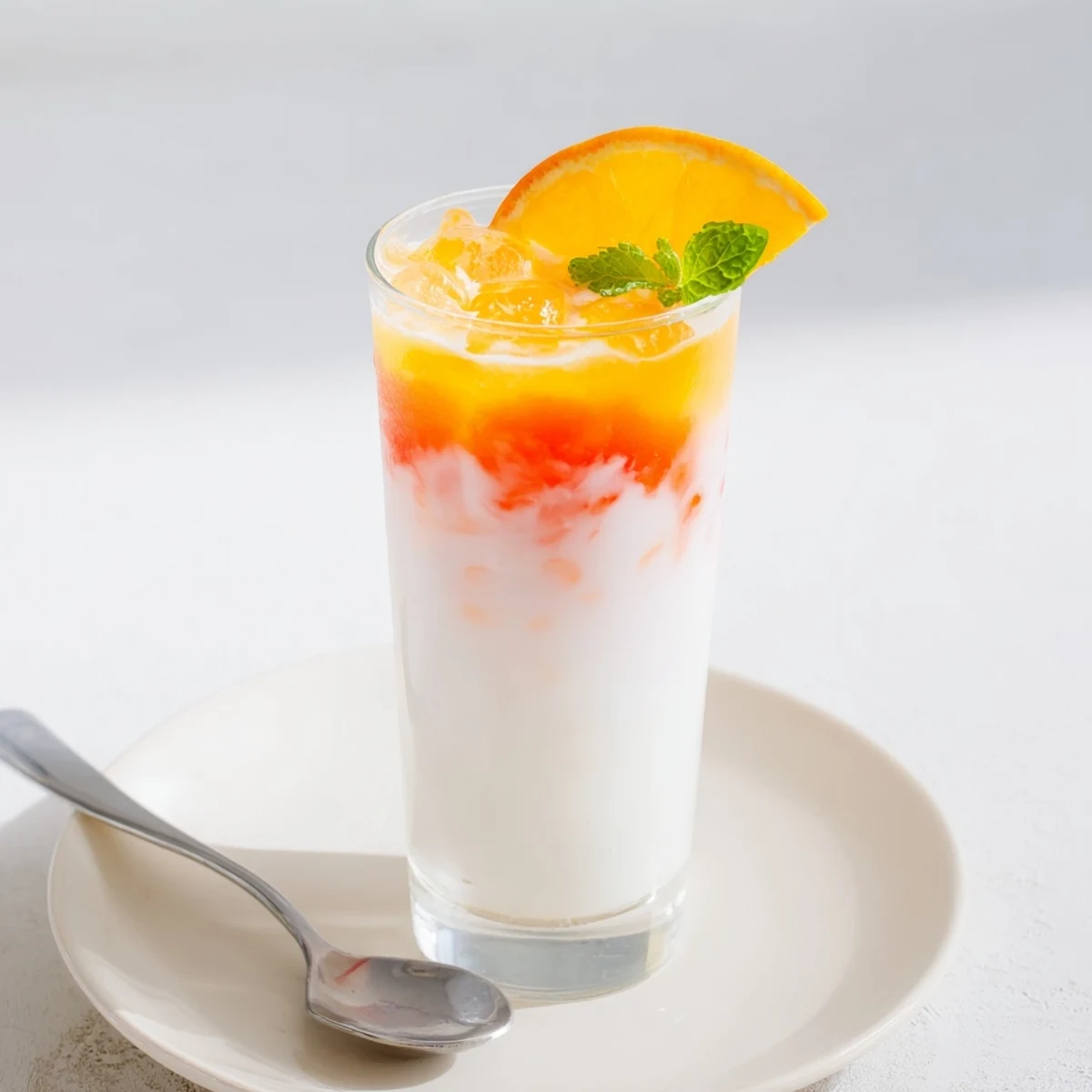 Imagine vibrant colors in The Alpine Sunrise, a beautiful mocktail with coconut and orange juice.