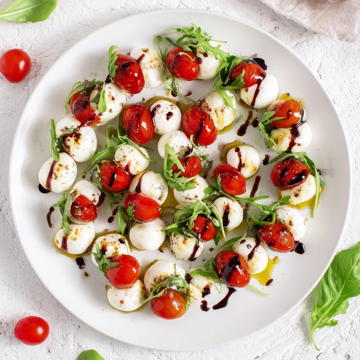 Fresh and vibrant Pearly Strand salad: mozzarella pearls artfully draped over tomatoes and greens.