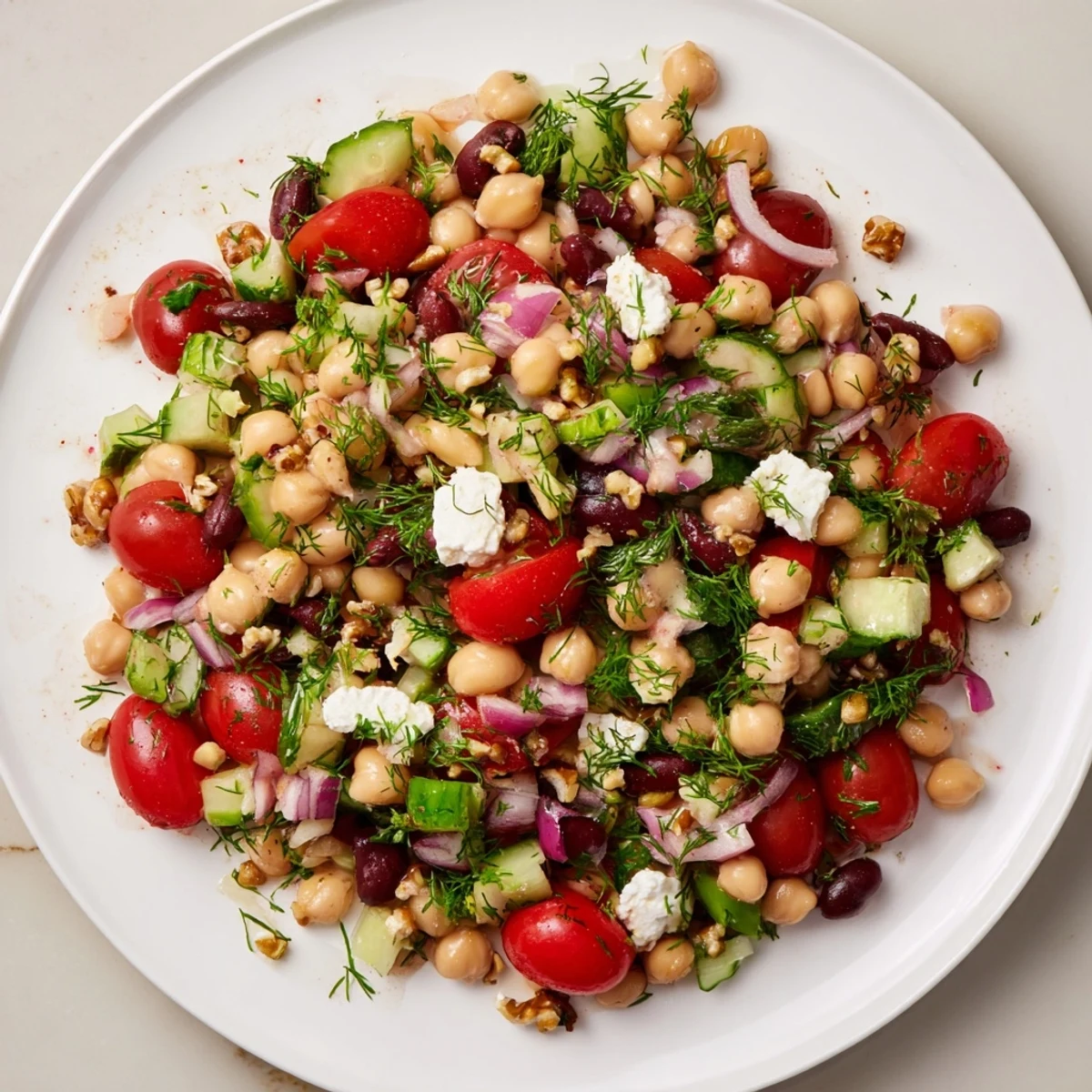This healthy Dense Bean Salad with Sleepy Girl Mocktail dressing features beans, veggies, and feta.