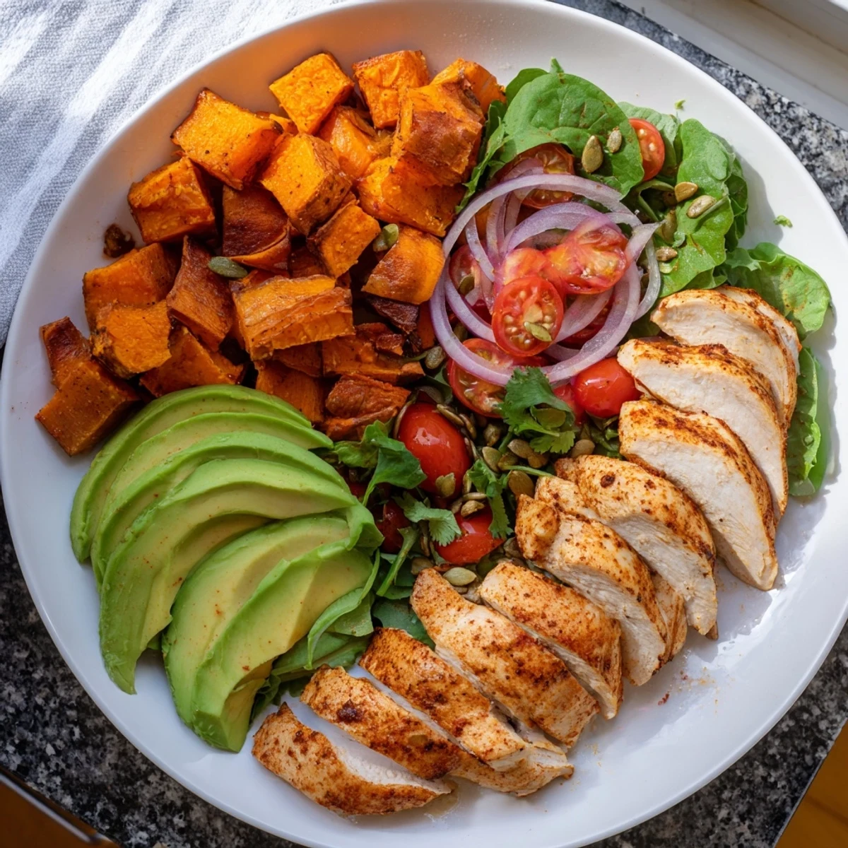 Avocado and Sweet Potato Chicken Bowl overflowing with grilled chicken, roasted sweet potatoes, and a spicy honey drizzle.