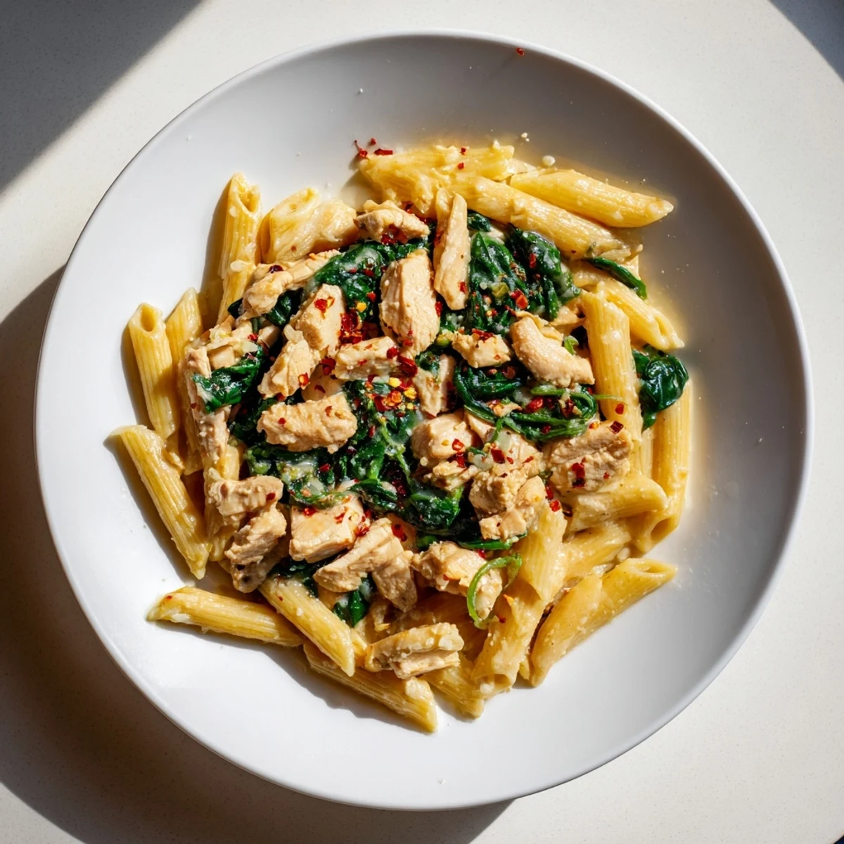 One-Pot Spinach and Chicken Pasta steaming in a bowl, perfect for a fast, flavorful dinner.