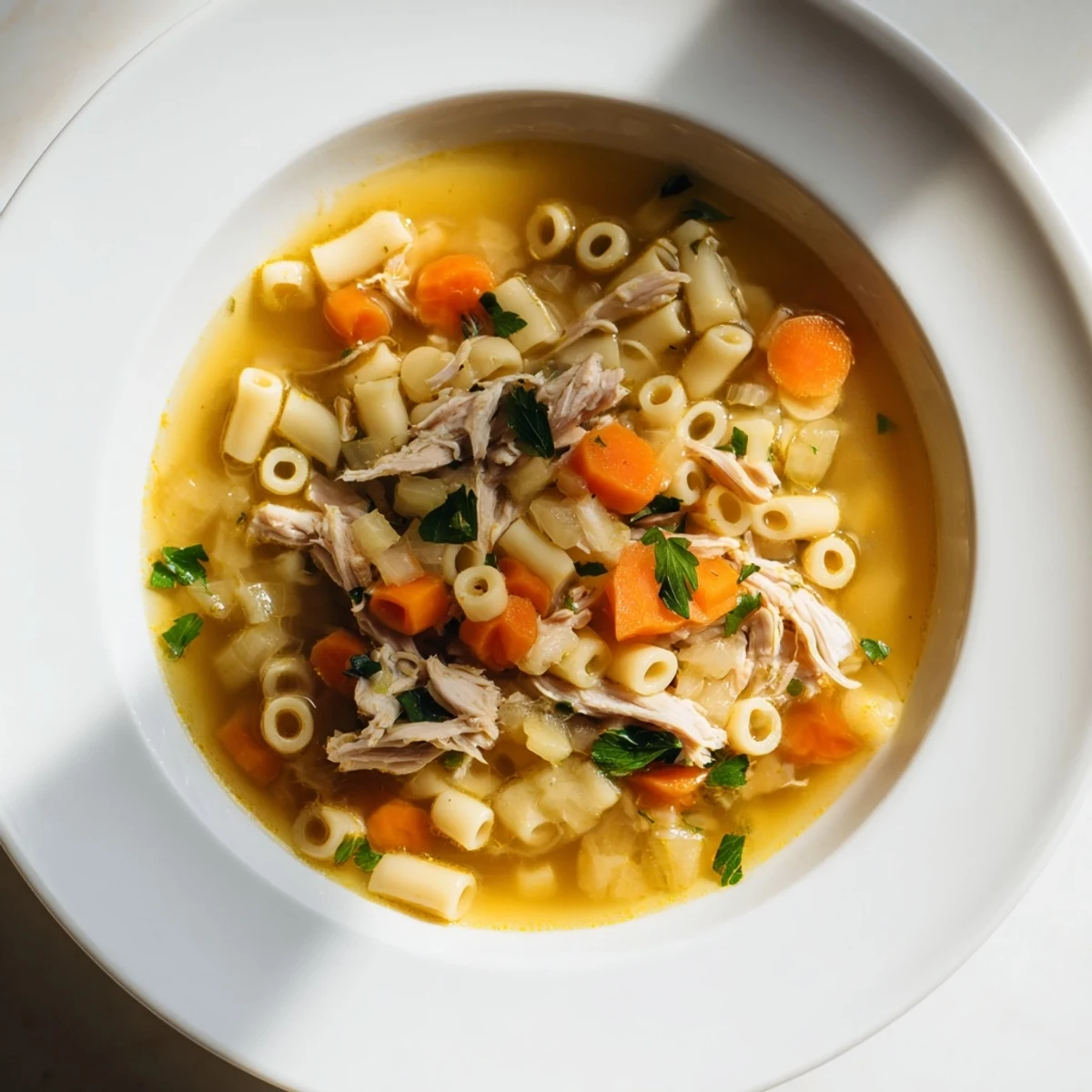 Warm, comforting Chicken and Ditalini Flu Fighter Soup steaming in a bowl, perfect for a cold day.