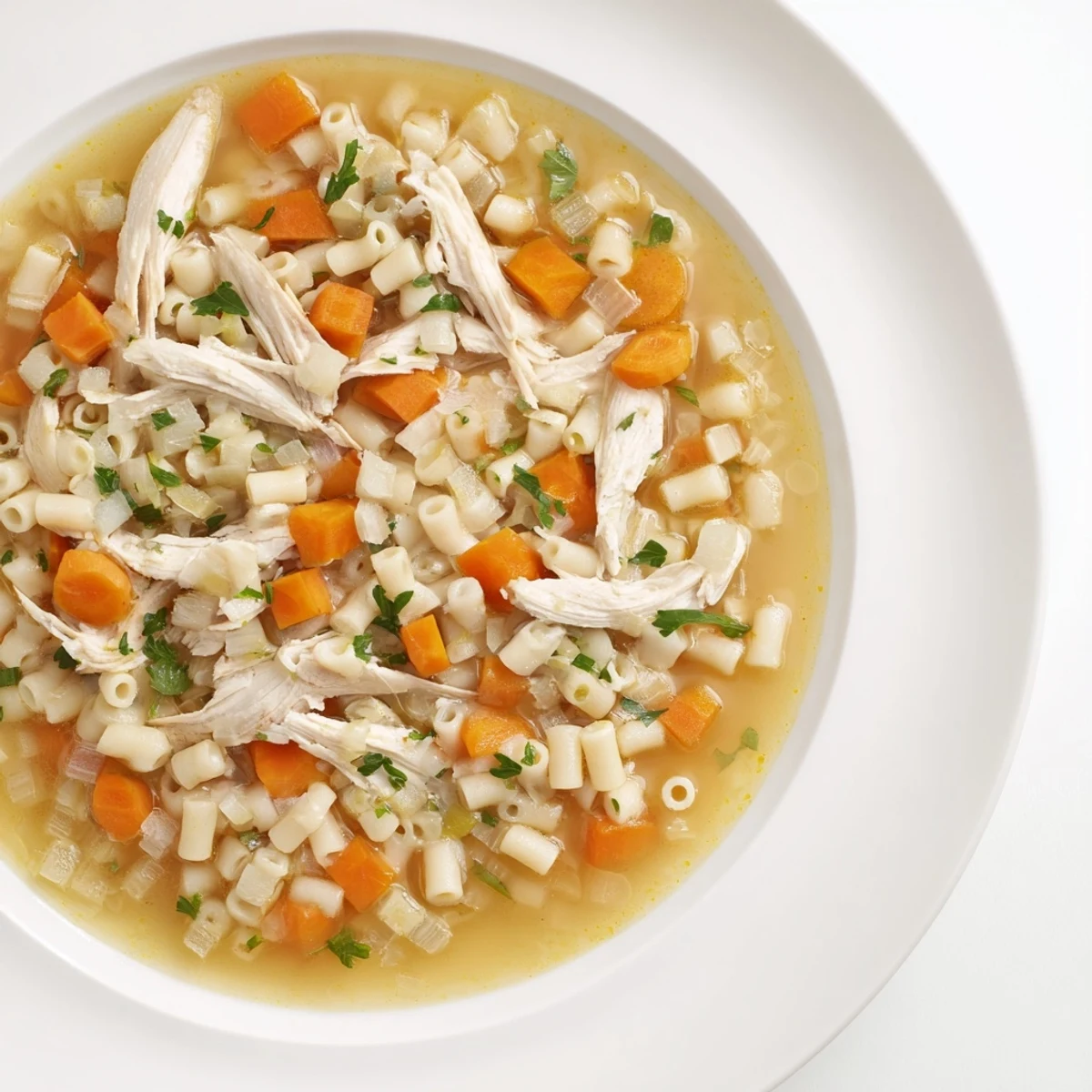 Close-up of a flavorful Chicken and Ditalini Flu Fighter Soup, garnished with fresh parsley and lemon wedges.