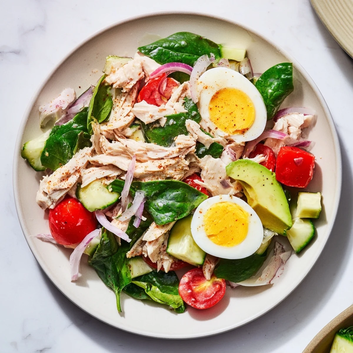 Creamy High-Protein Chicken and Egg Salad with a tangy Dijon mustard dressing, ready to eat!