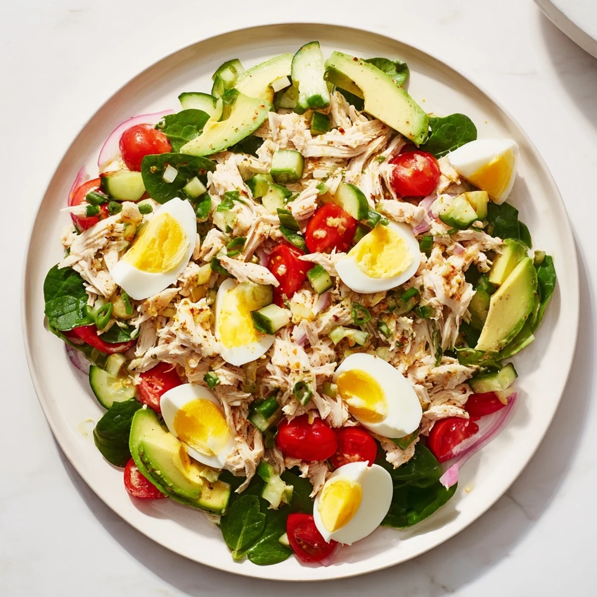 Close-up of a refreshing High-Protein Chicken and Egg Salad, ideal for a high-protein lunch.