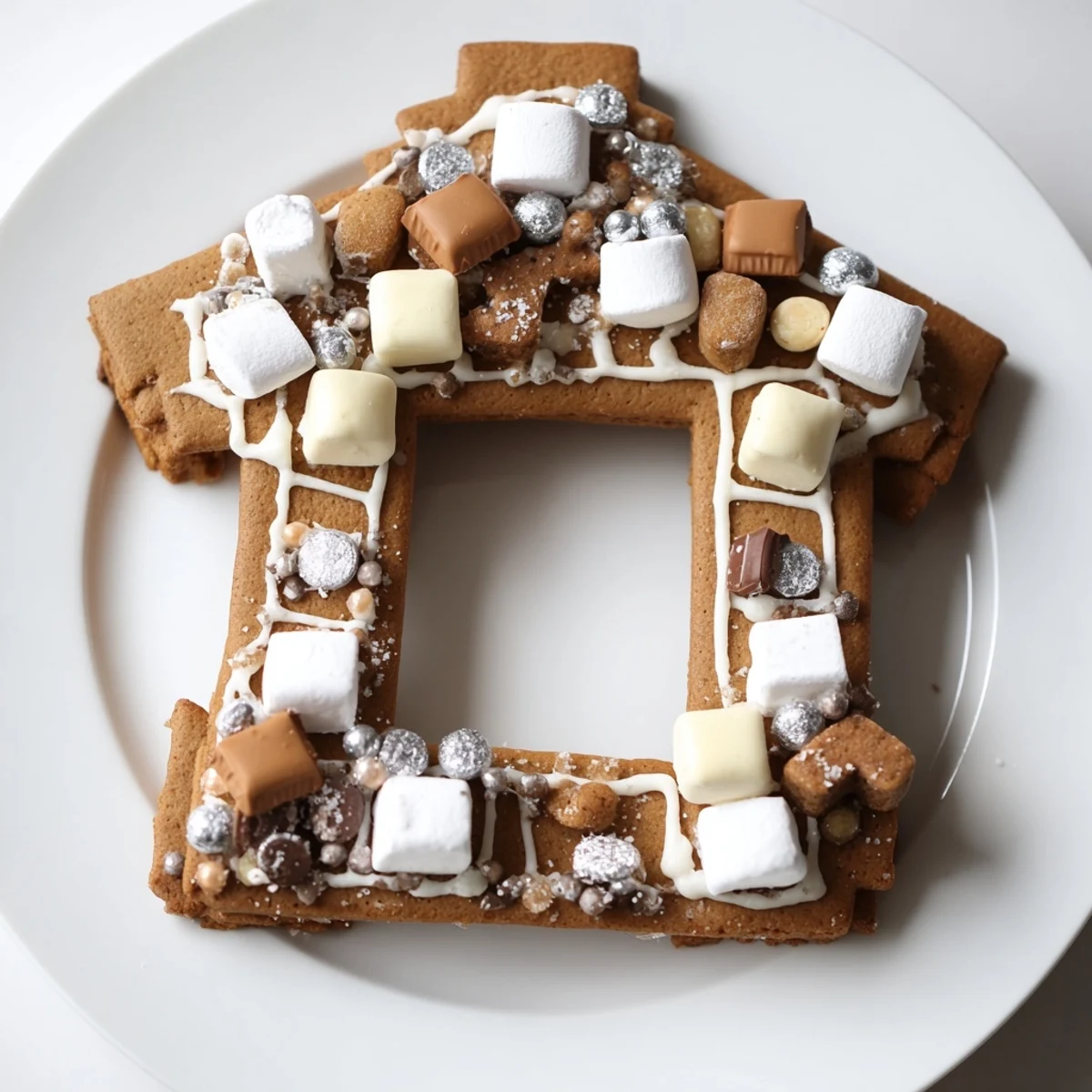 Showcasing a freshly baked and decorated gingerbread house frame to complement a holiday dessert tray.