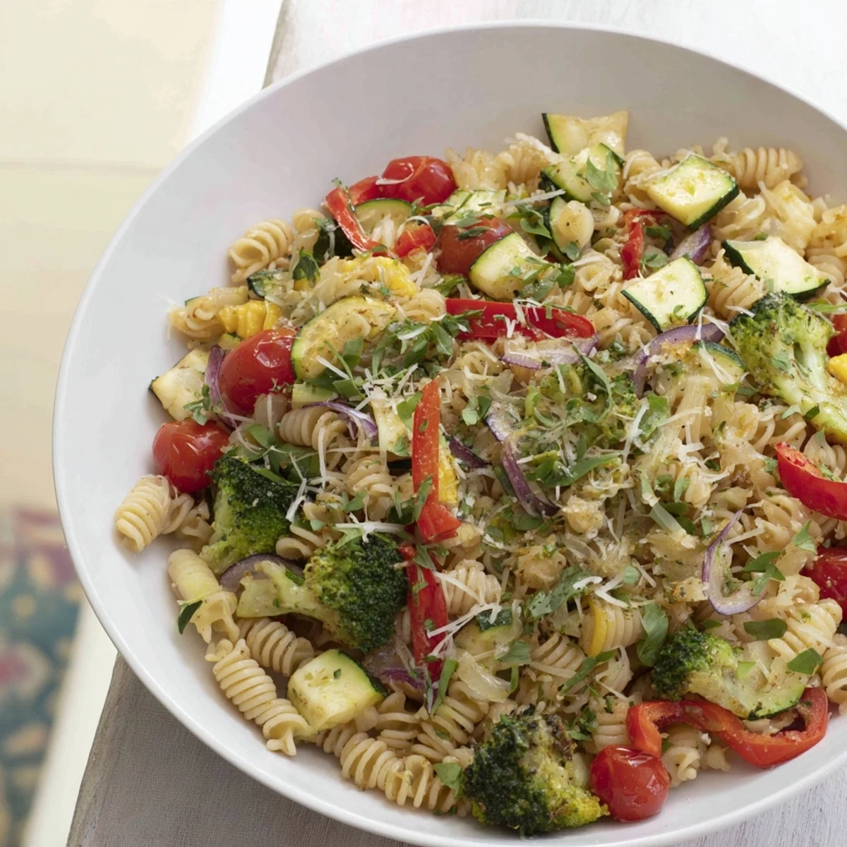 Close shot of ditalini with air-fried vegetables: colorful and full of fresh Italian flavors.