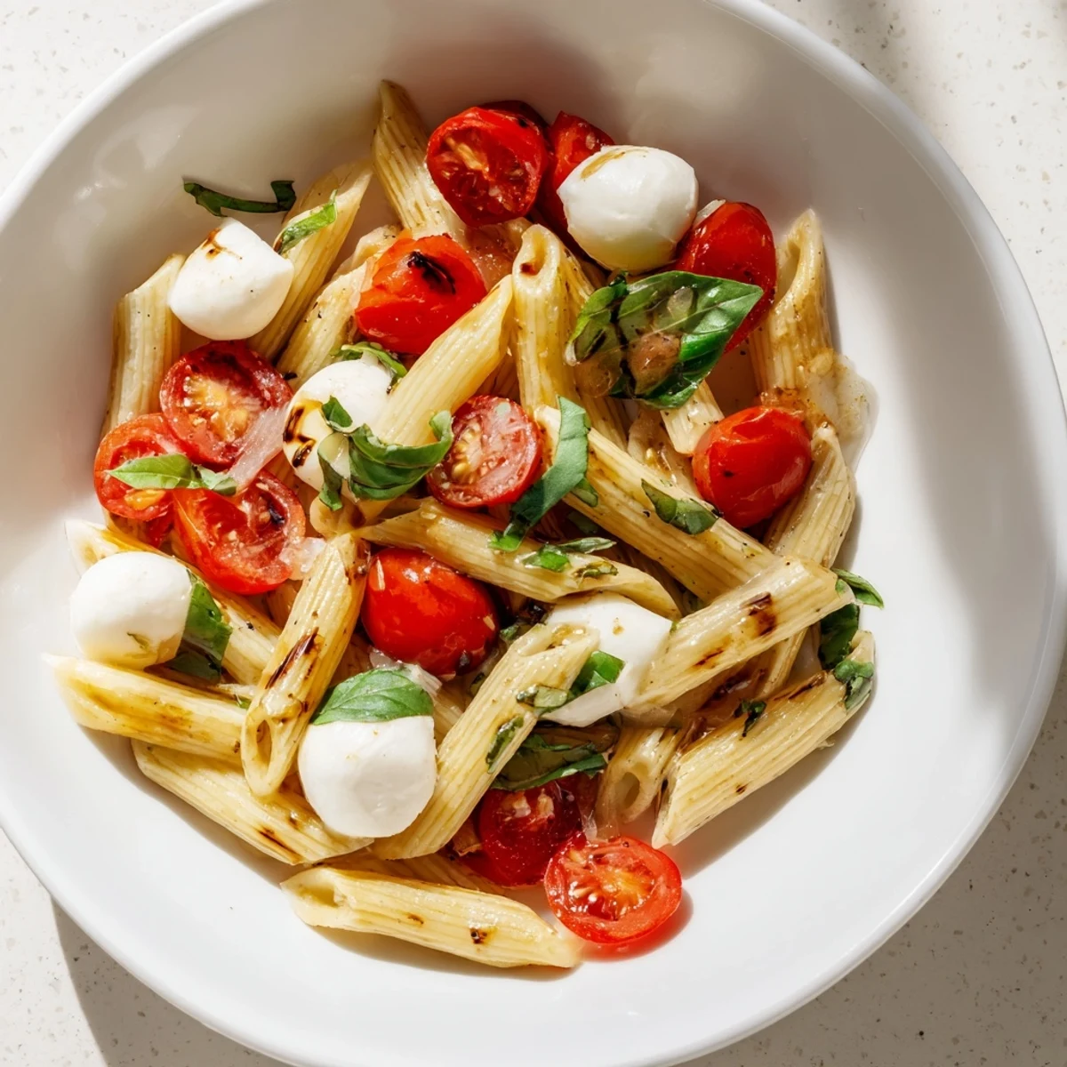 Caprese Pasta Salad, bursting with juicy tomatoes, creamy mozzarella, and a light balsamic dressing.