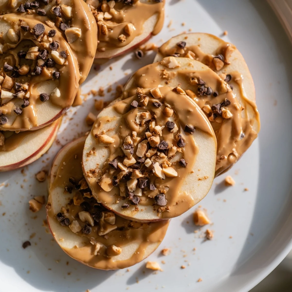 Fresh Peanut Butter Apple Nachos, a quick snack with crunchy apples, roasted nuts, and chocolate chips.