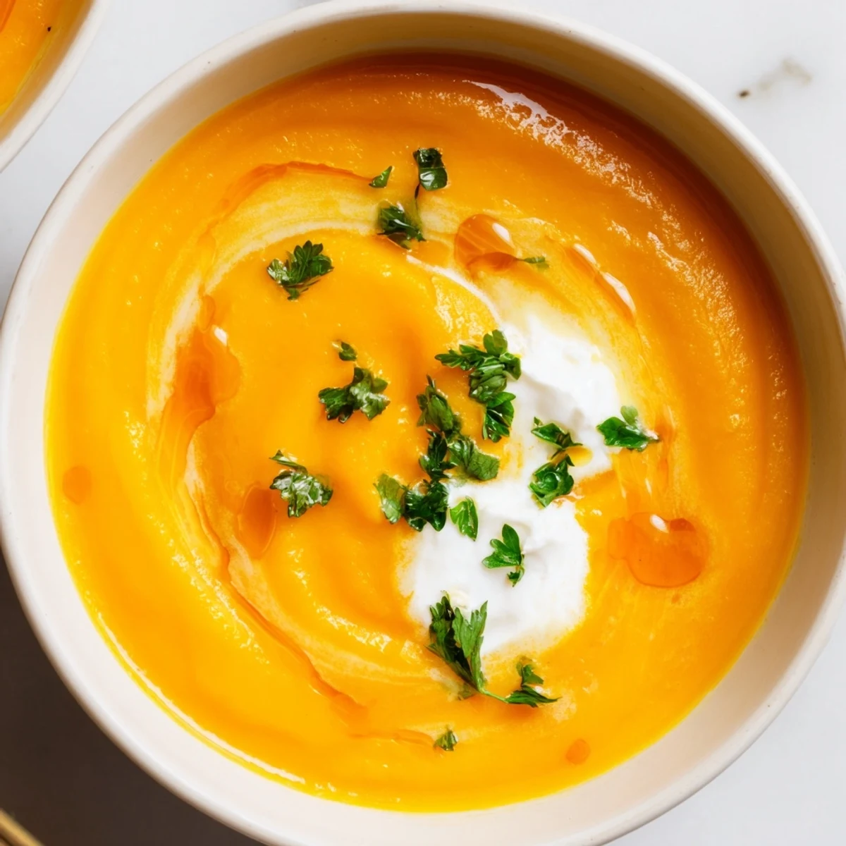 Steaming bowl of Sweet Maple Carrot Soup, garnished with parsley and a swirl of coconut cream.
