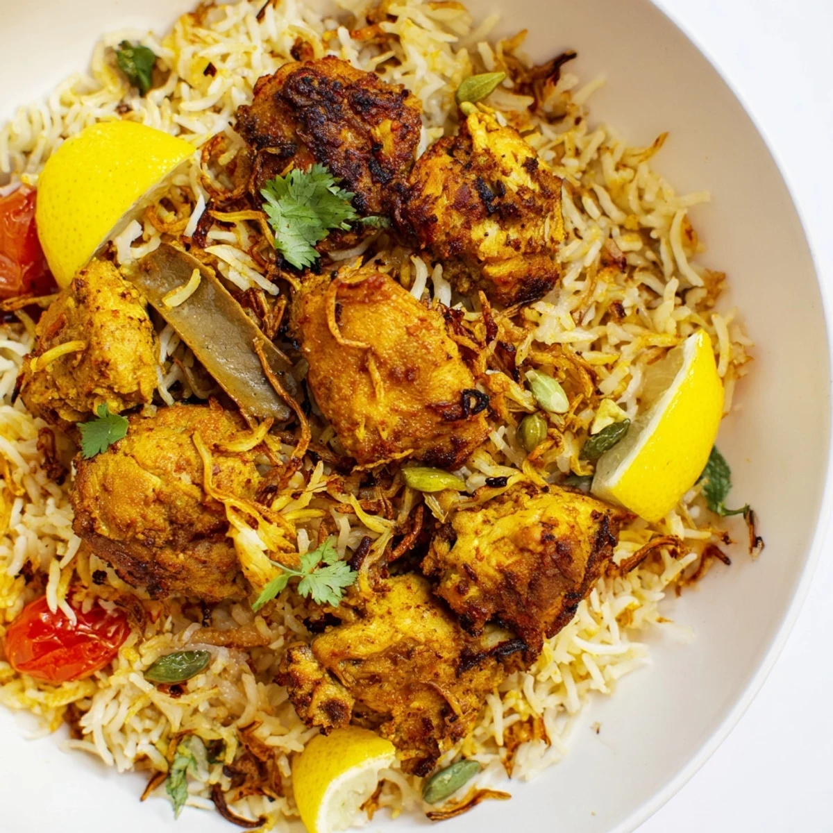 Close-up of a flavorful Easy Chicken Biryani, showing the fluffy rice, vibrant spices, and juicy chicken pieces.