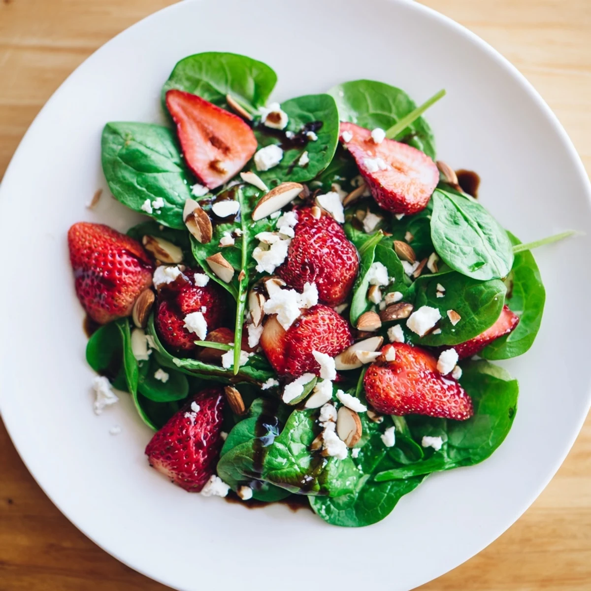 Fresh, vibrant Strawberry Spinach Salad with bright red strawberries, creamy feta, and crunchy almonds.