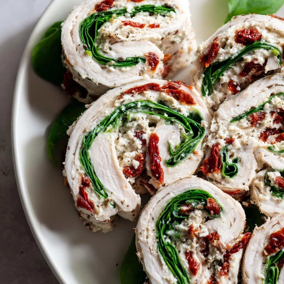 Vibrant photo of sun-dried tomato turkey roll-ups, showing layers of creamy filling and fresh spinach.