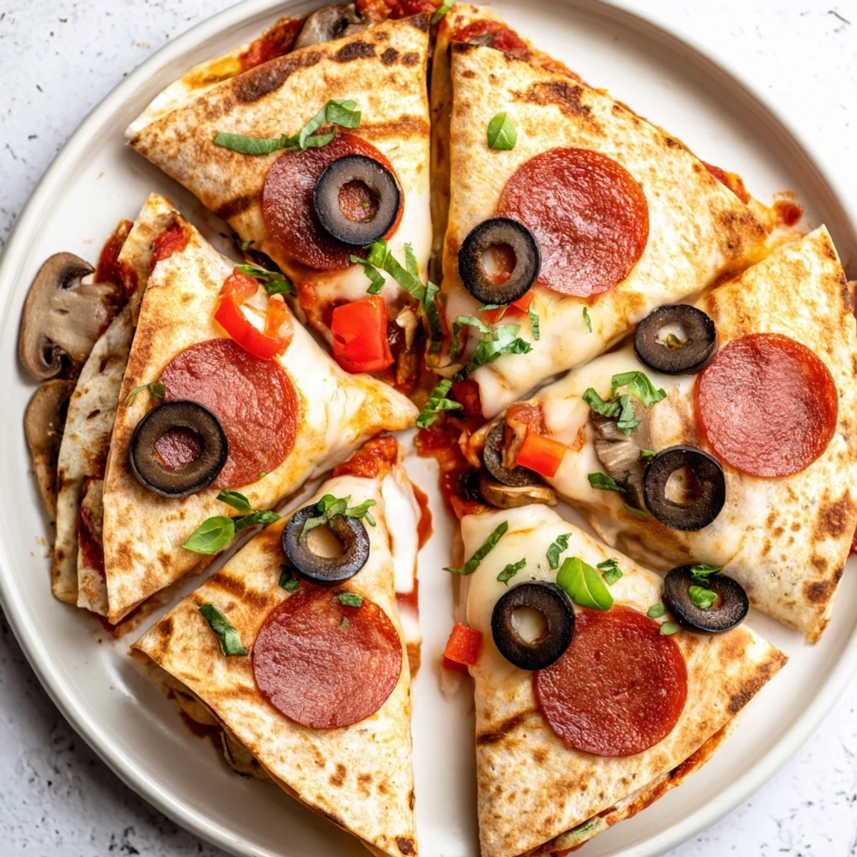 Golden-brown tortilla pizza wrap, filled with melted cheese and crispy pepperoni, ready to enjoy.