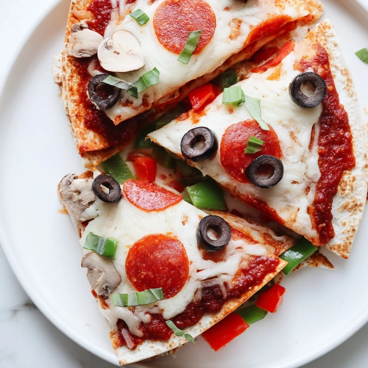 A delicious tortilla pizza wrap, layered with mozzarella, veggies, and savory pizza sauce, steaming hot.