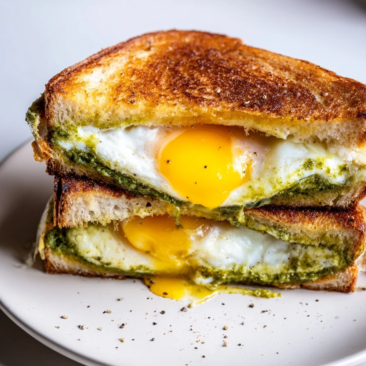 Golden Pesto Egg Grilled Cheese with bubbling cheese and a runny egg yolk promises a delightful bite.