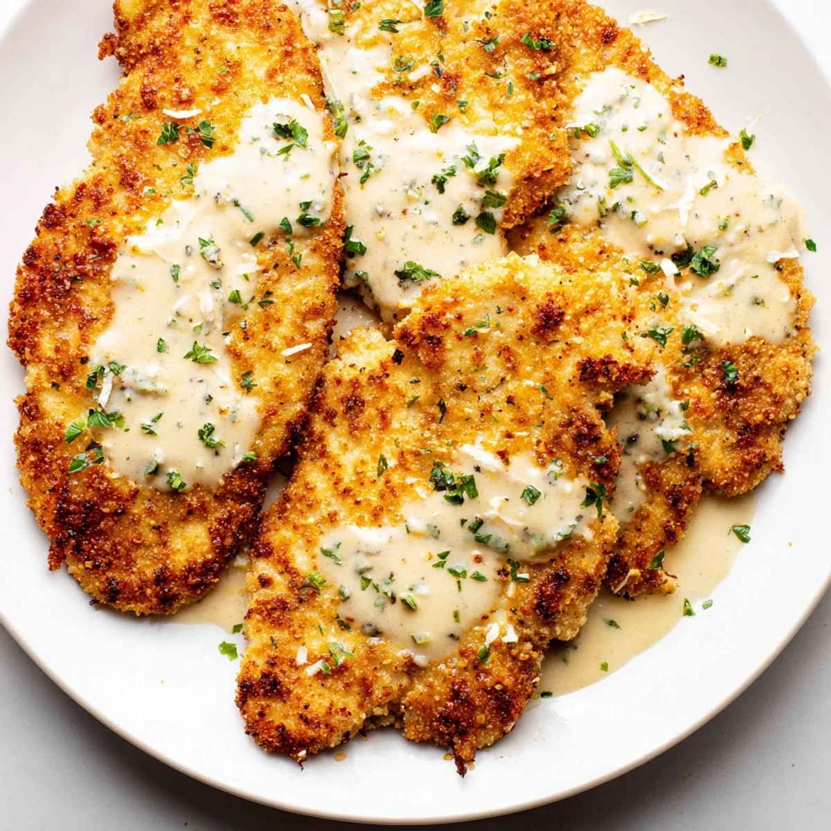 Golden-brown Crispy Chicken with Garlic Cream Sauce, rich and ready to eat, is a delightful dinner.