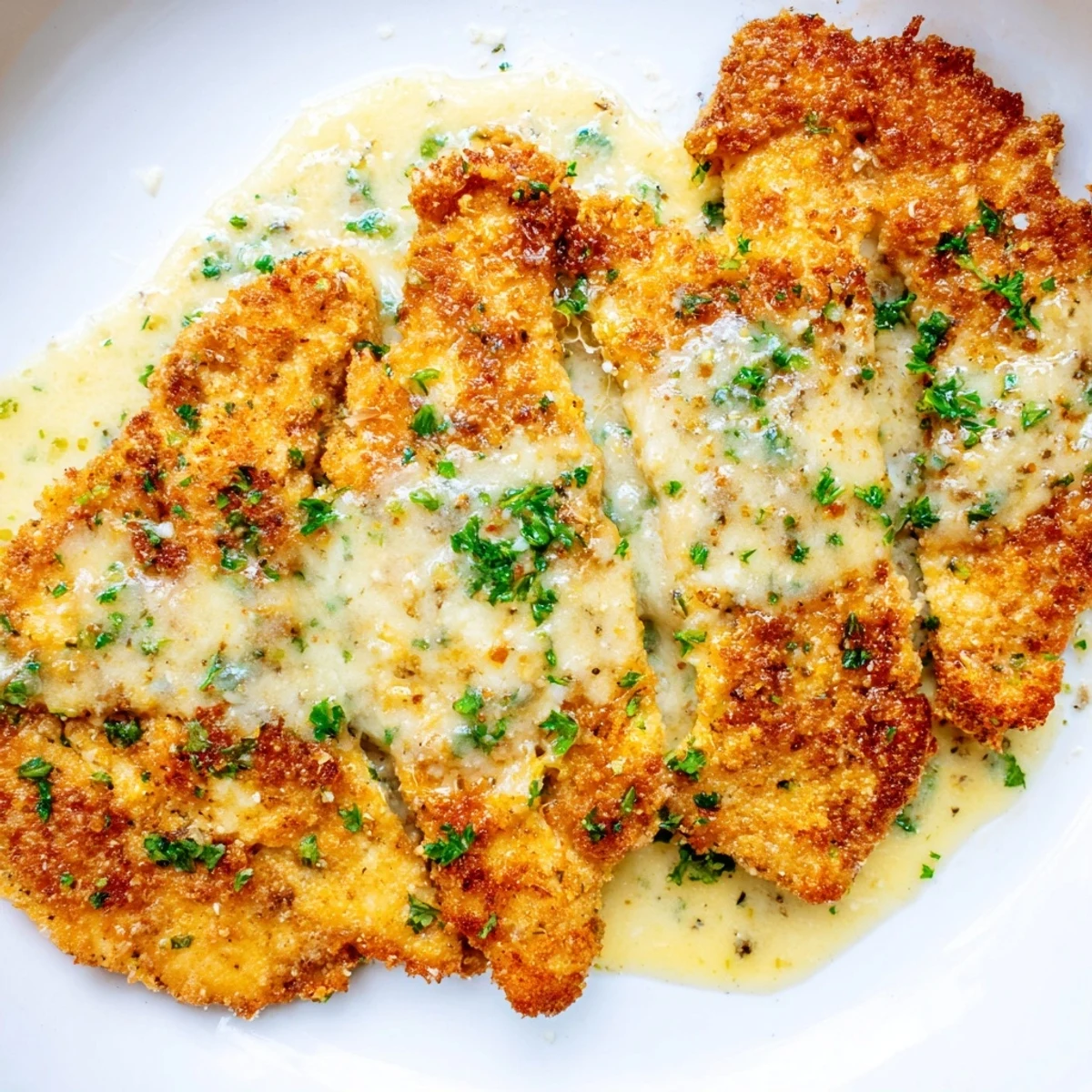 A close-up of Crispy Chicken with Garlic Cream Sauce, with a creamy sauce drizzled over each breast.