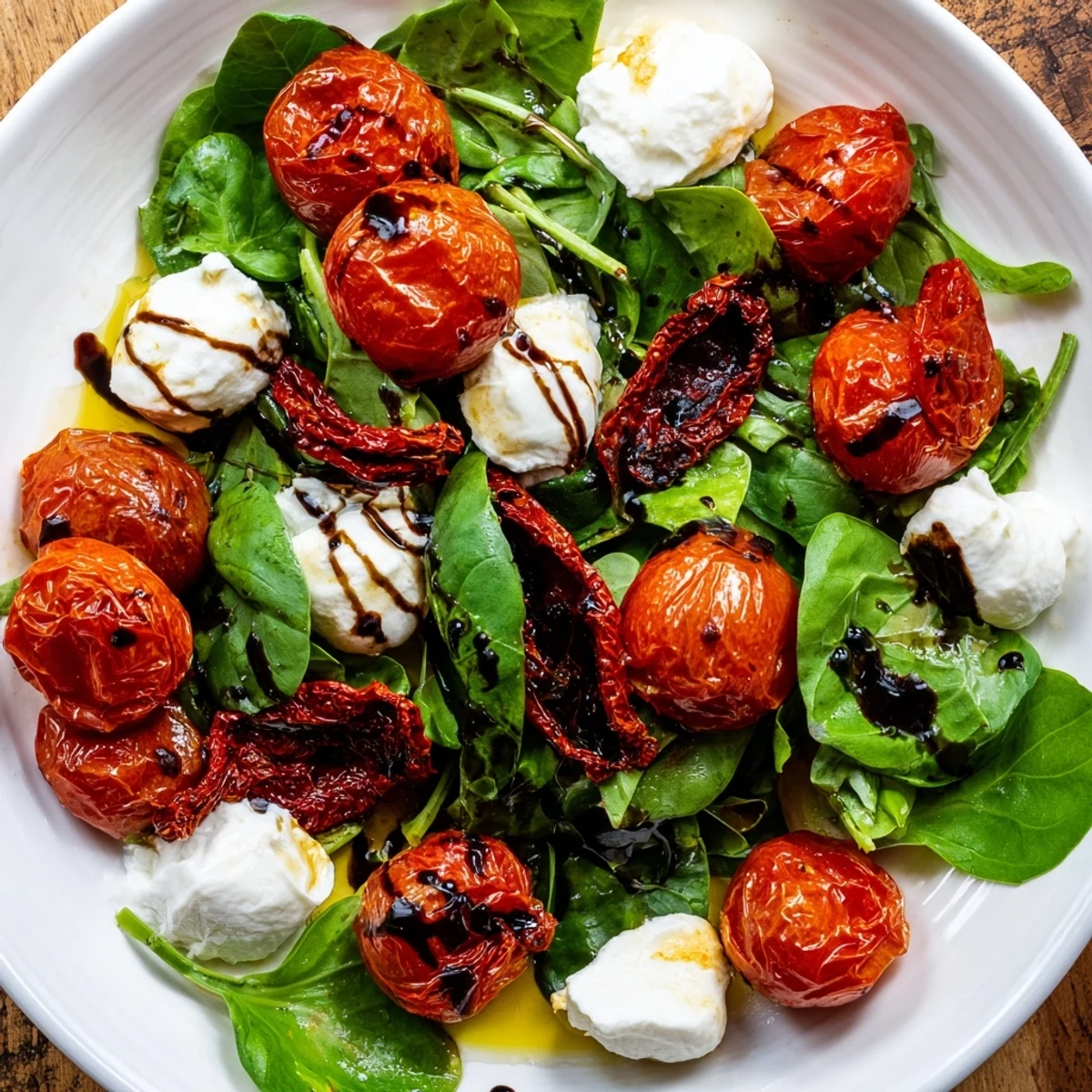 Tomato Trio Salad with creamy burrata, fresh basil, and perfectly roasted tomatoes.