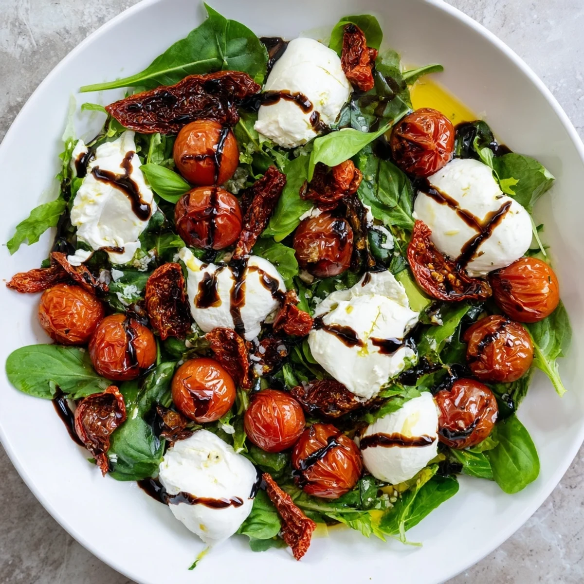 A close-up shot of the Tomato Trio Salad highlights the colorful medley of fresh ingredients.