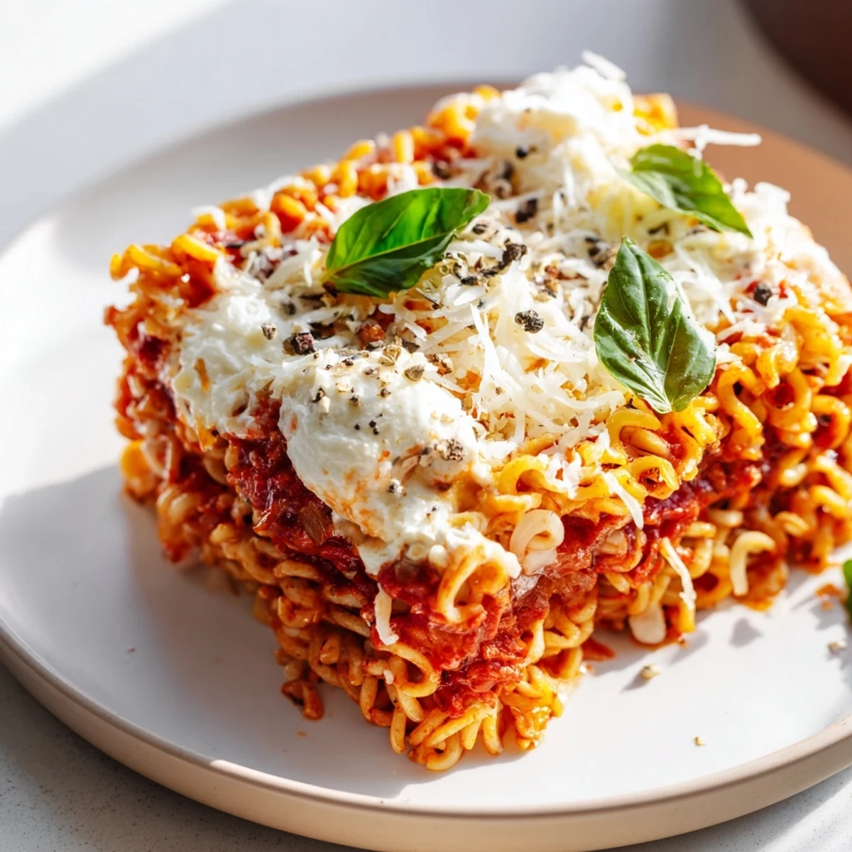 Savory Ramen Lasagna, a comforting fusion dish, ready to be served and enjoyed with family.