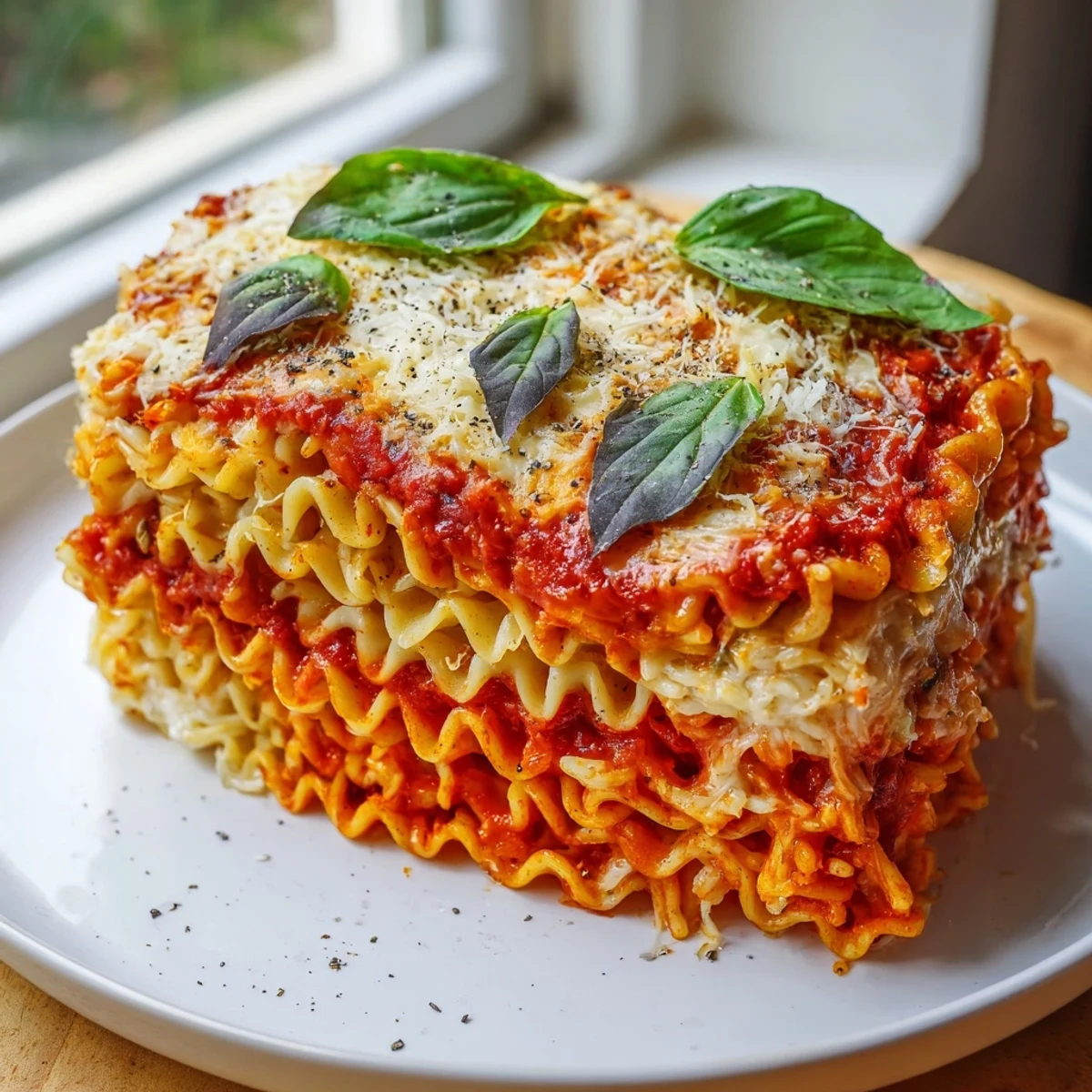Hot from the oven, steaming Ramen Lasagna is layered with cheese and rich tomato sauce.