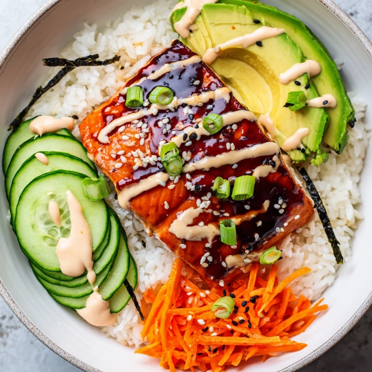 Tender marinated salmon glazed in teriyaki sauce, served over rice in this delicious teriyaki salmon rice bowl.