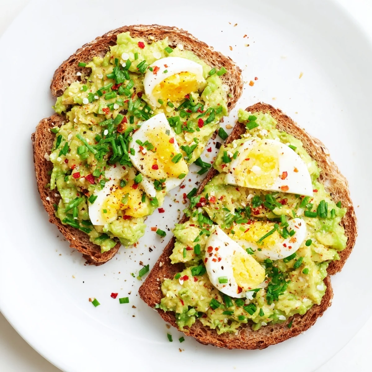 Creamy avocado egg smash on toasted bread, a satisfying vegetarian breakfast option.