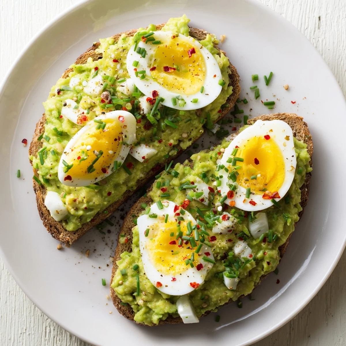 Freshly made avocado egg smash, garnished with chives, ready for a healthy light lunch.