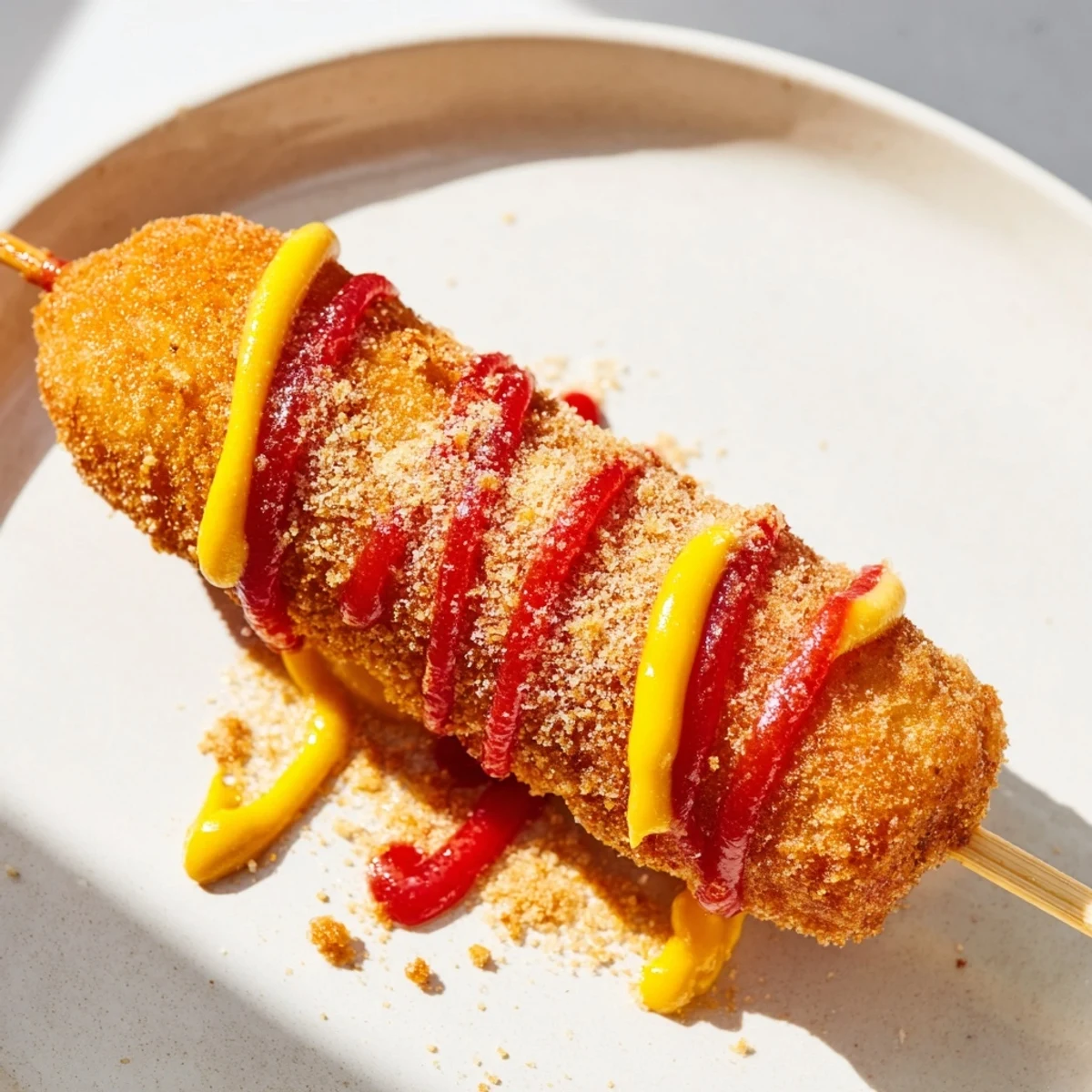 Golden-brown Cheesy Korean Corn Dogs, with a satisfying crunch, topped with sugar and drizzled ketchup.