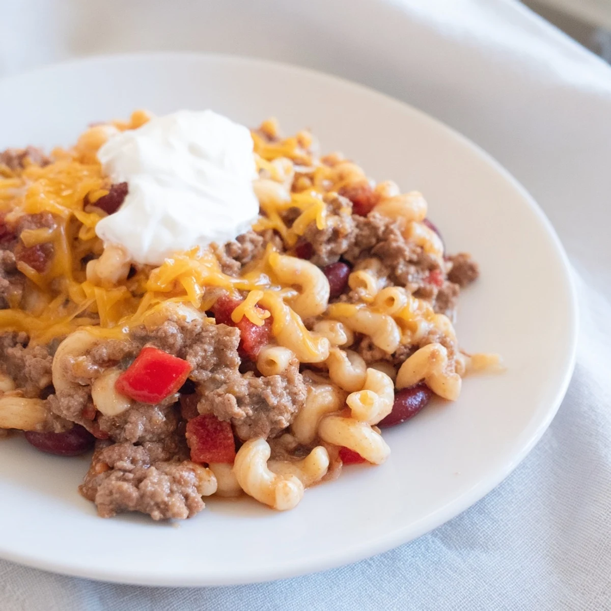 Steaming bowl of one-pot chili mac with melted cheese, a hearty and comforting meal.