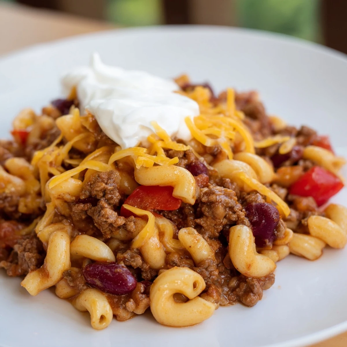 One-pot chili mac with savory ground beef and colorful bell peppers, ready to serve and enjoy.