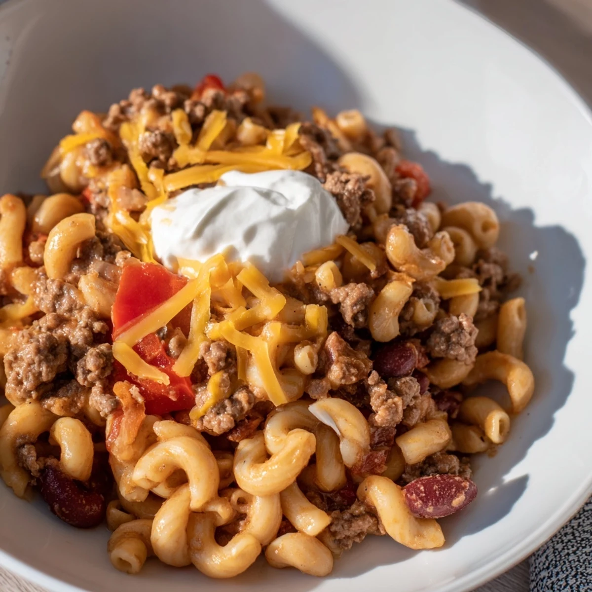 A close-up of cheesy one-pot chili mac, a warm, family-friendly dinner idea.