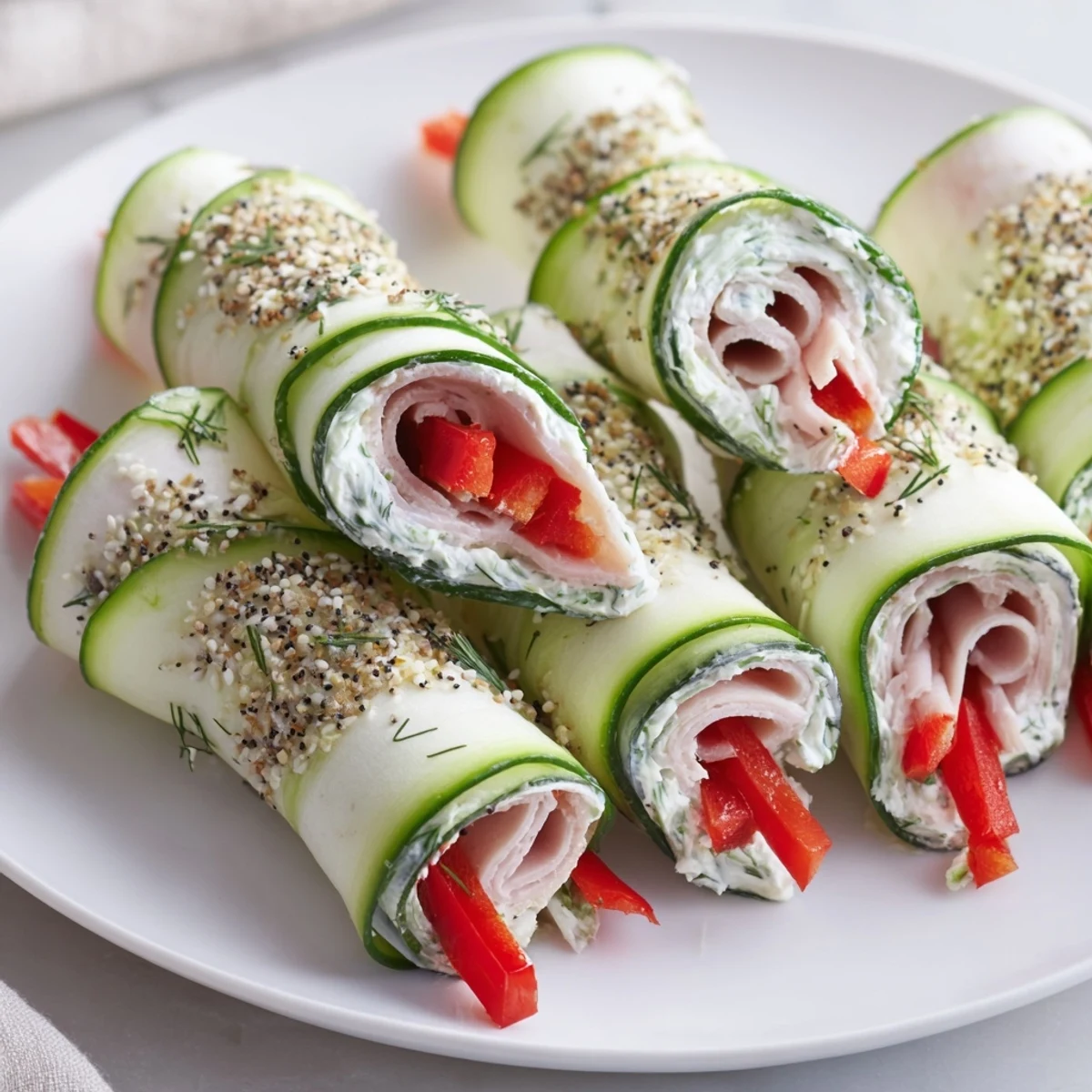 Fresh cucumber roll-ups featuring creamy filling and deli meats, a simple, delicious snack.