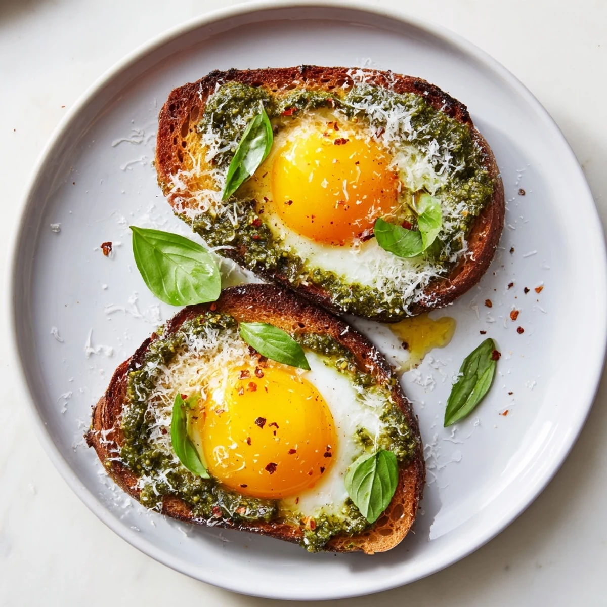 Golden pesto egg toast with jammy yolks, ready to enjoy for a bright and flavorful breakfast.