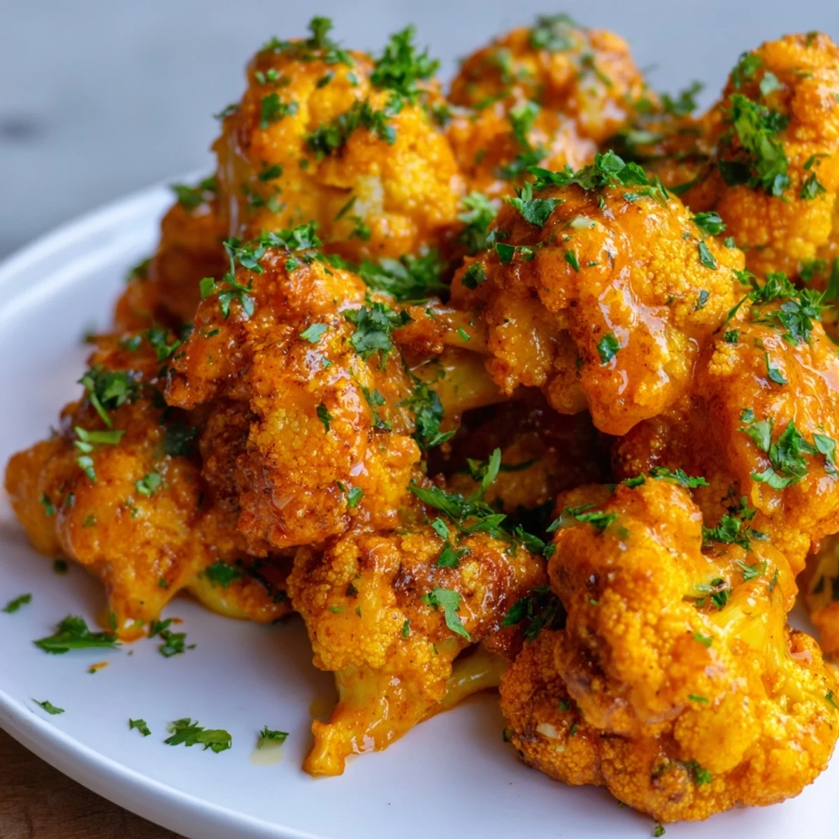 Golden-brown Buffalo Cauliflower Bites, crispy outside and tender inside, ready to serve with dip.