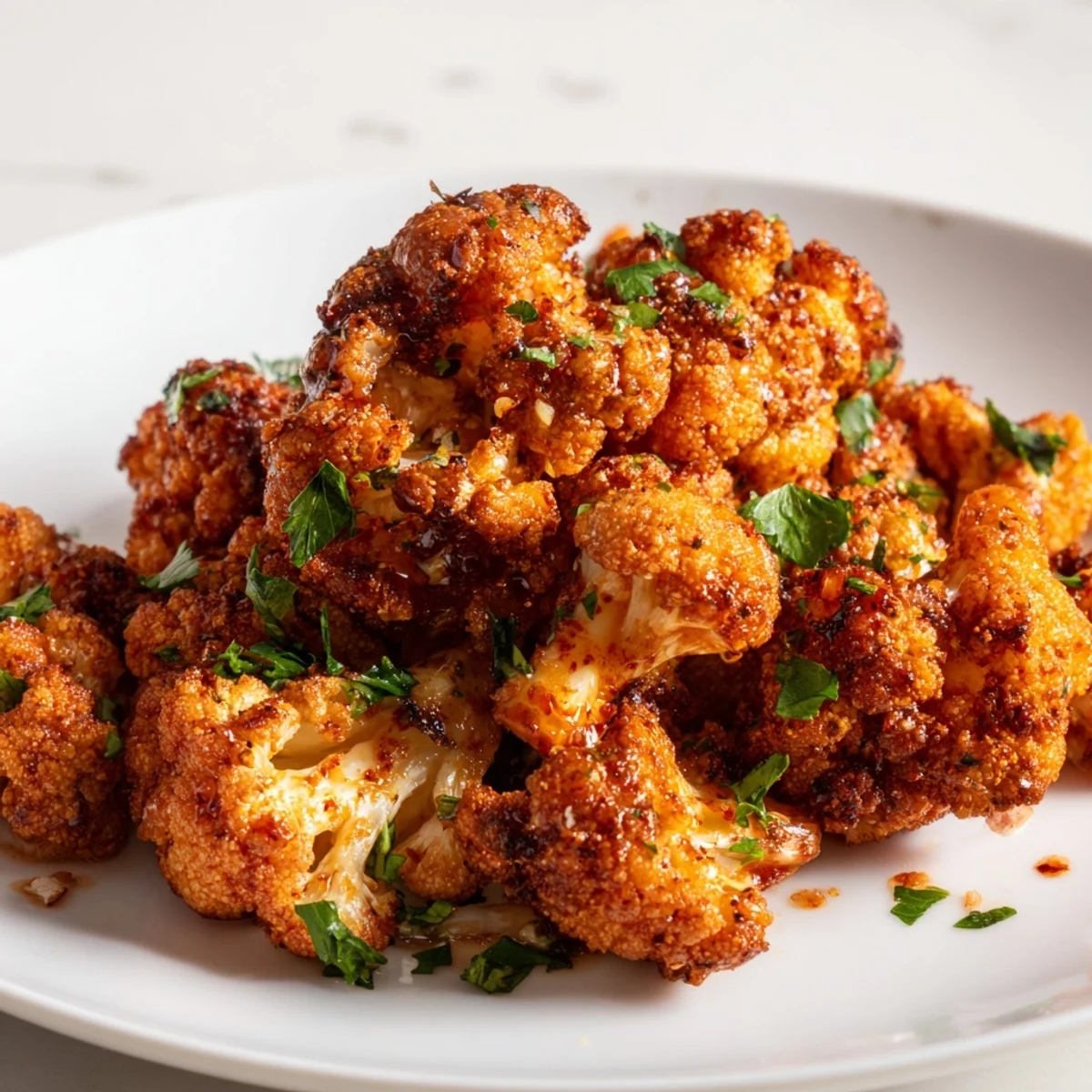 A close-up shot of fiery red Buffalo Cauliflower Bites, coated in tangy sauce for a perfect snack.