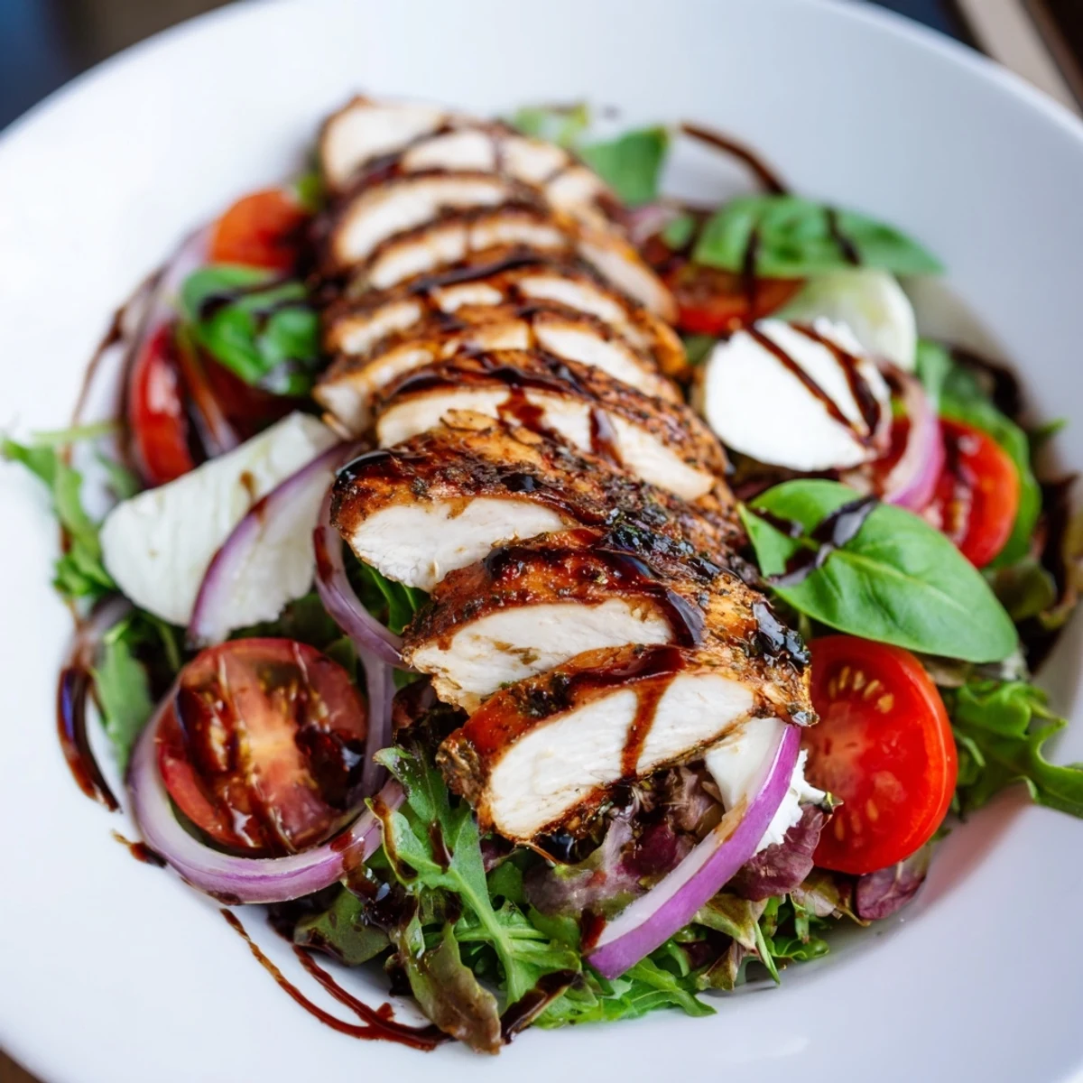 Grilled Caprese Chicken Salad with juicy chicken, ripe tomatoes, and fresh mozzarella cheese.