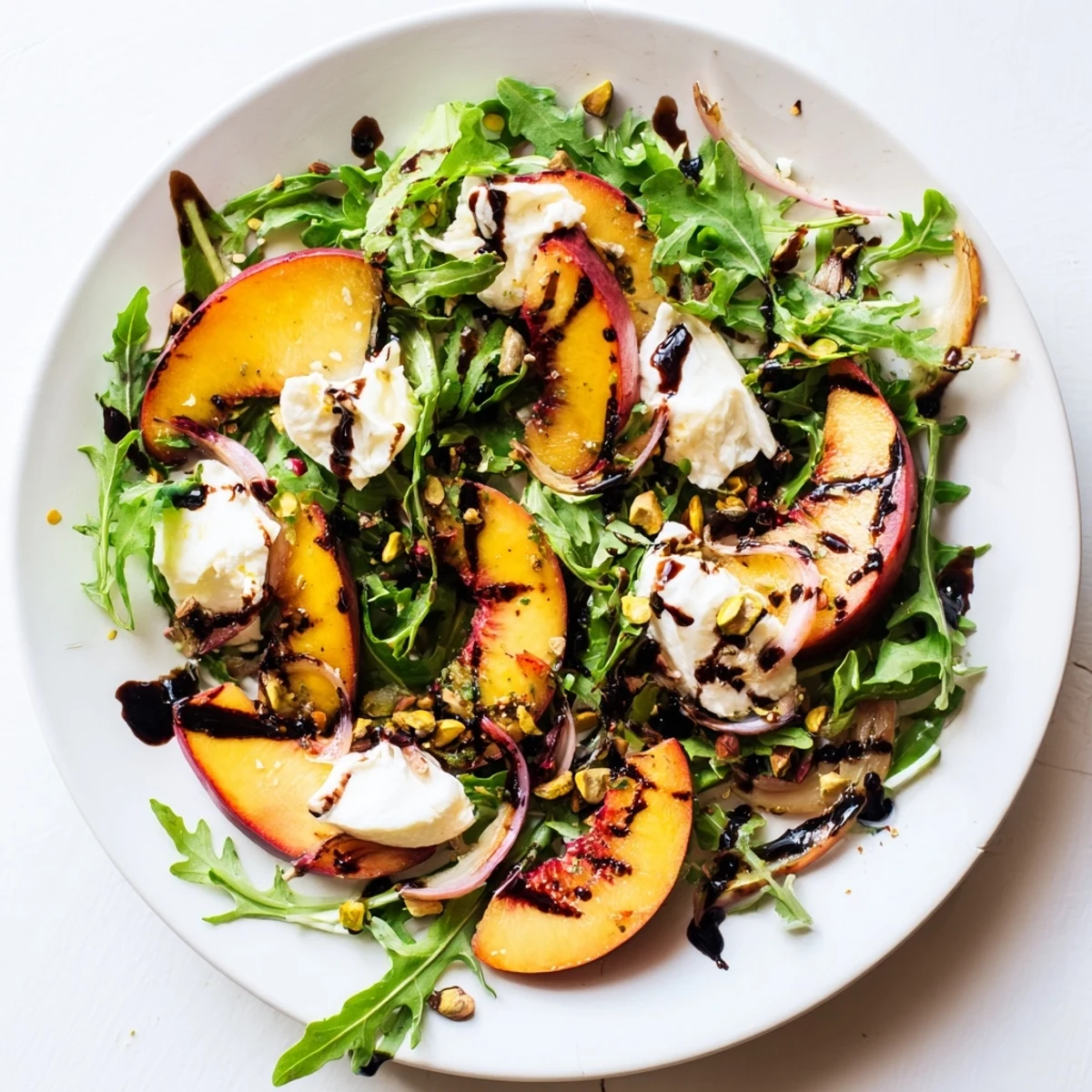 Grilled Peach Salad with charred peaches, creamy burrata, and peppery arugula, ready to enjoy.