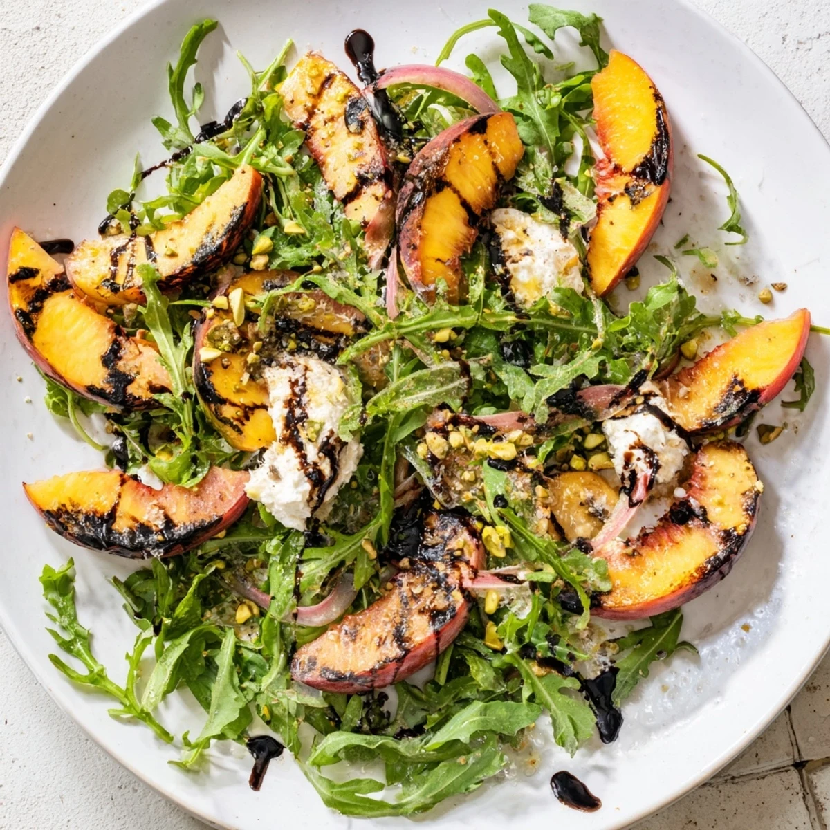 Fresh Grilled Peach Salad boasts sweet peaches alongside creamy cheese, a flavorful, colorful plate.