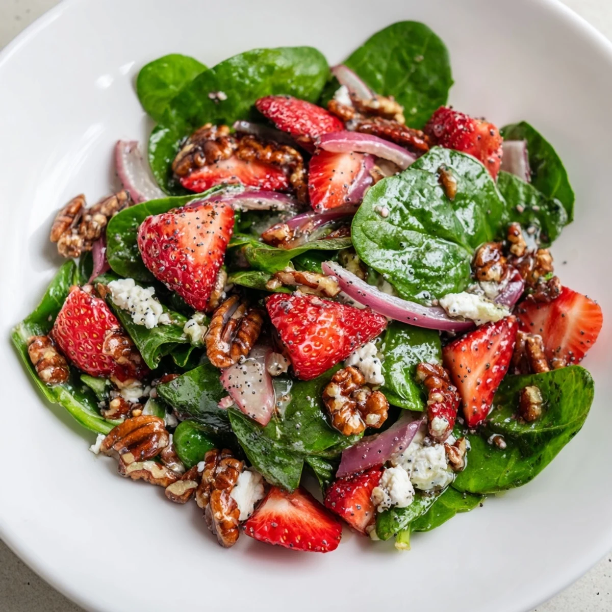 Strawberry Spinach Salad with vibrant red strawberries and crunchy candied pecans ready to serve.