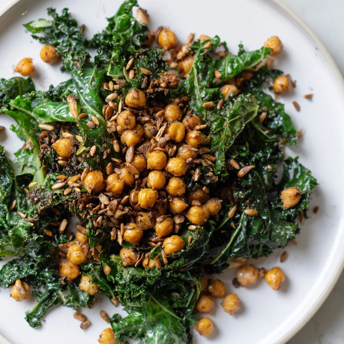 Golden-brown crispy chickpeas top a delicious Warm Kale Salad, ready for lunch or dinner.