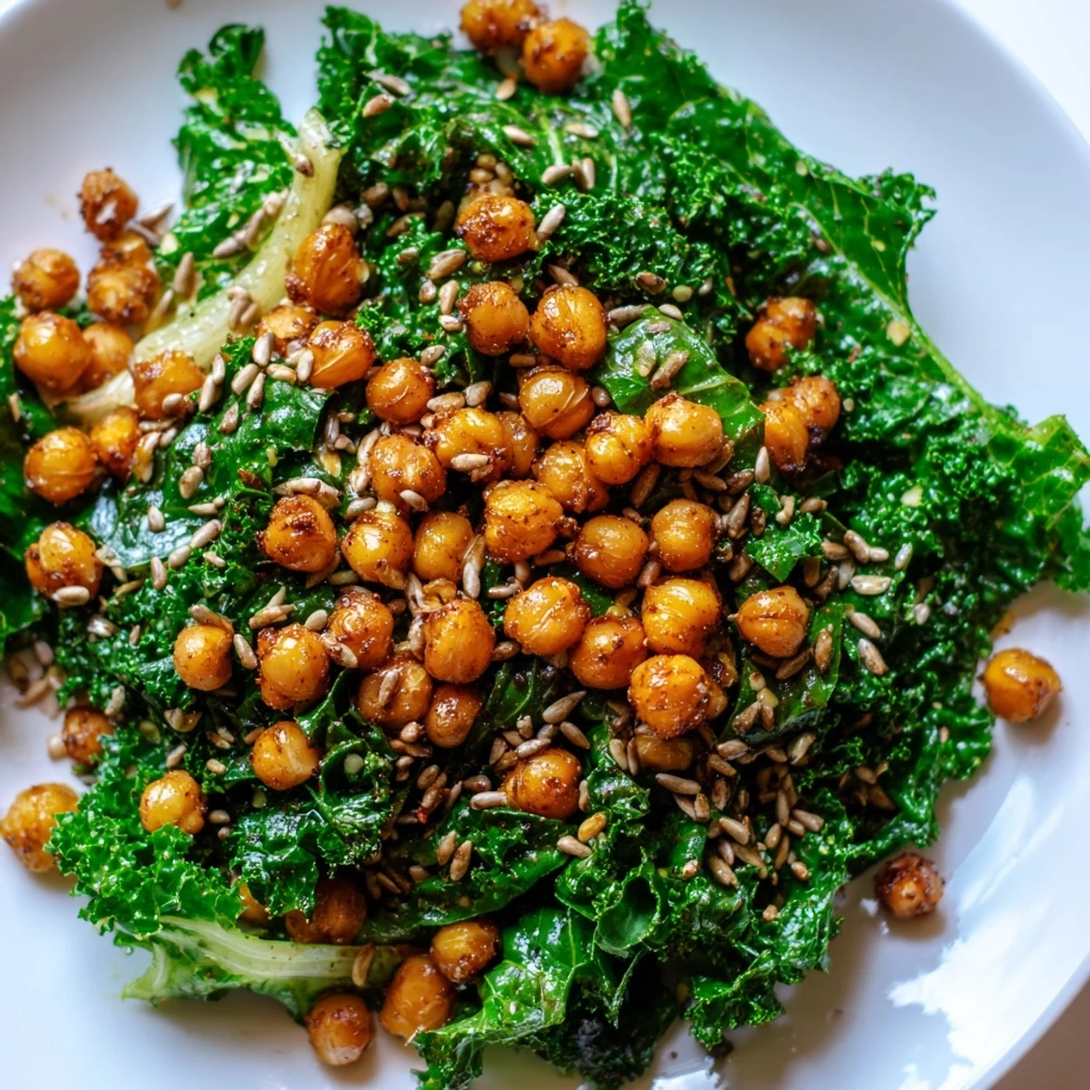 A flavorful Warm Kale Salad showcases vibrant greens and crunchy chickpeas drizzled with lemon dressing.