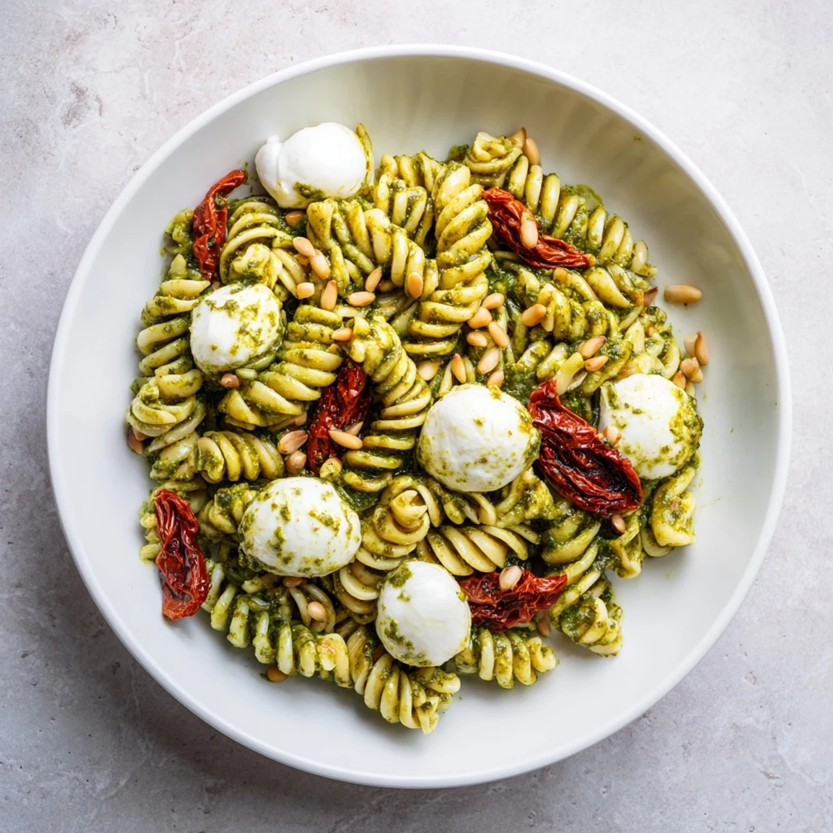 Vibrant pesto pasta salad with sun-dried tomatoes, mozzarella, and toasted pine nuts is ready to eat.