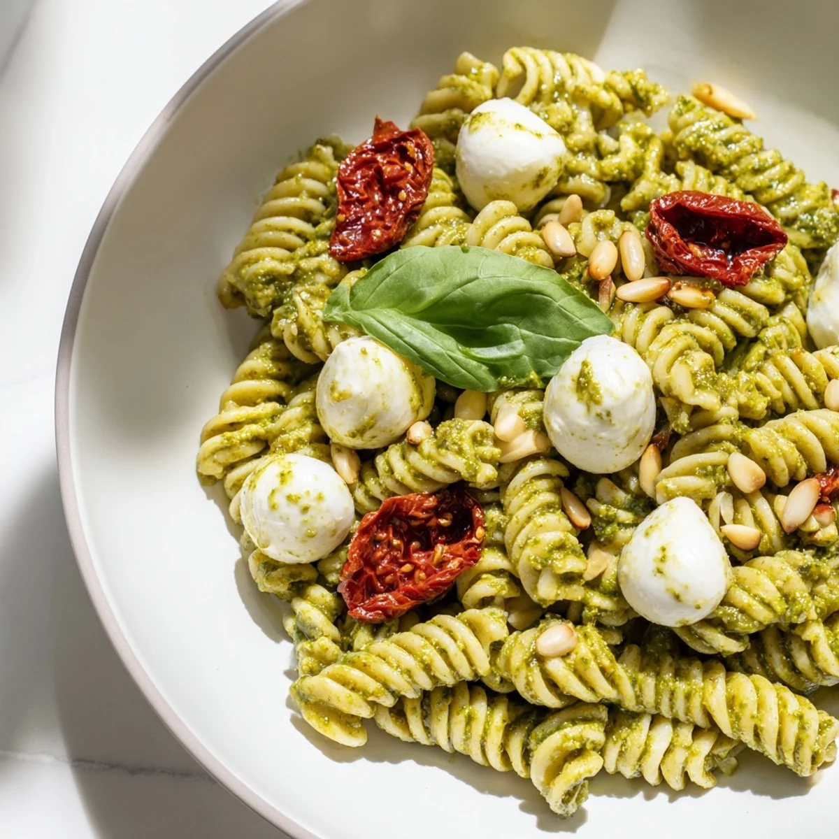 This delicious pesto pasta salad features al dente pasta with a flavorful pesto dressing.