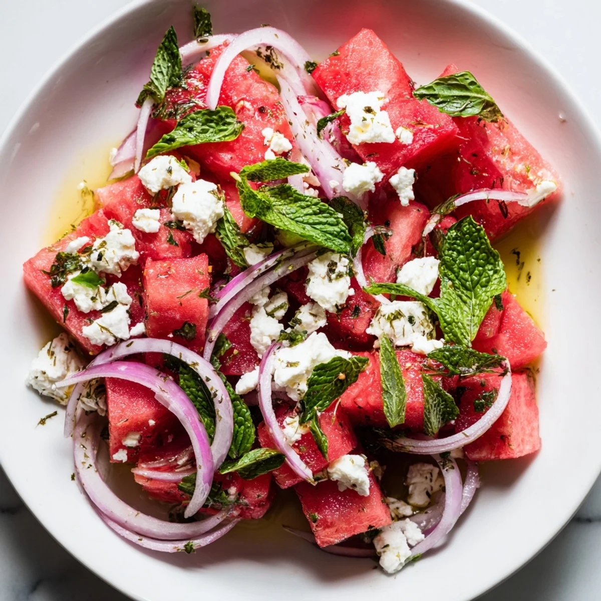 A close-up view of the simple watermelon feta salad drizzled with a zesty lime dressing.