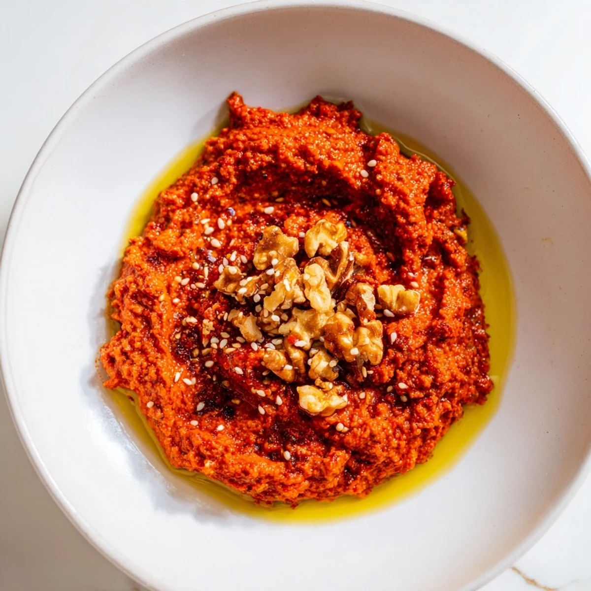 Vibrant Syrian Muhammara dip, a blend of roasted red peppers and walnuts, ready to eat.