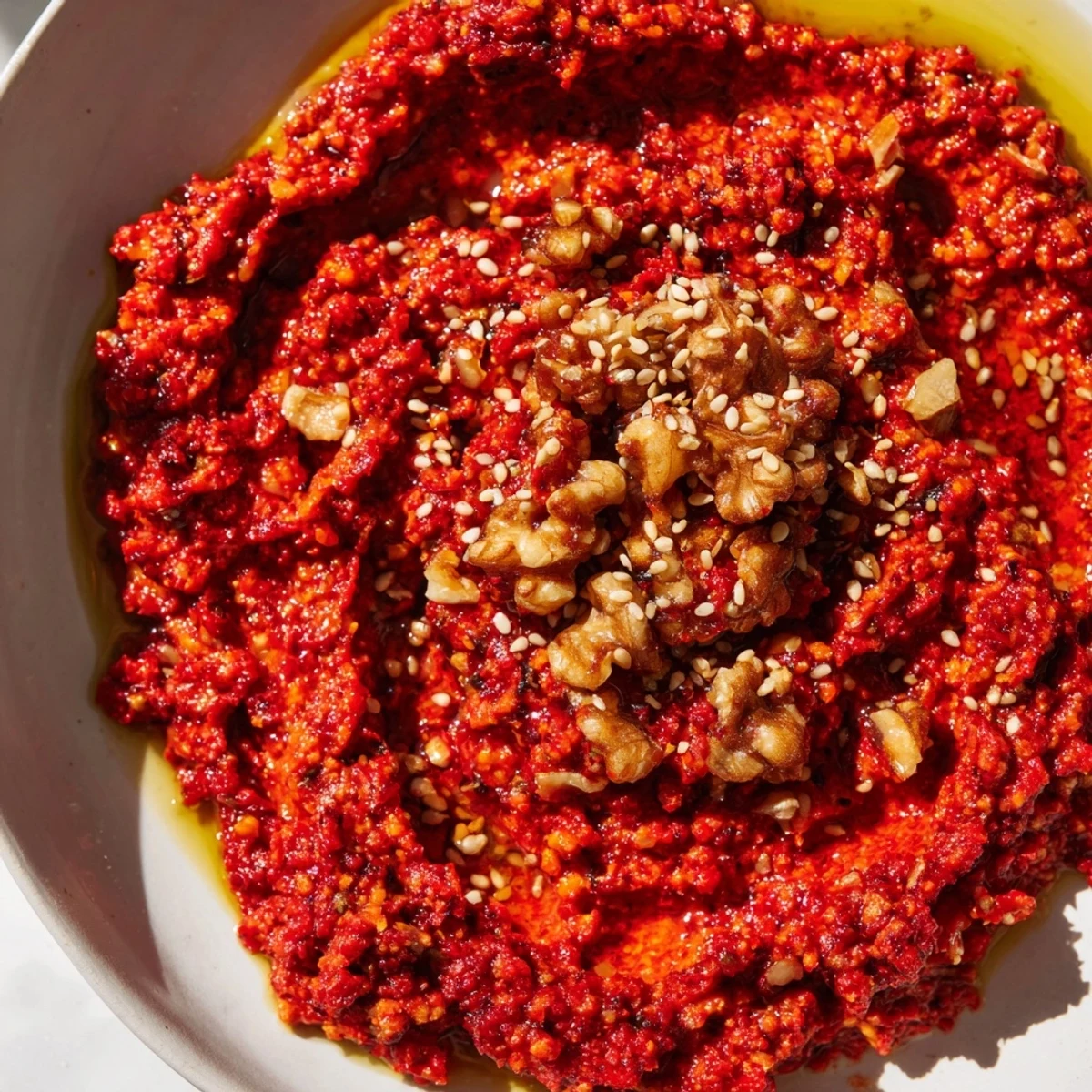 Freshly made Syrian Muhammara, a smoky, slightly spicy dip with toasted walnuts and olive oil.