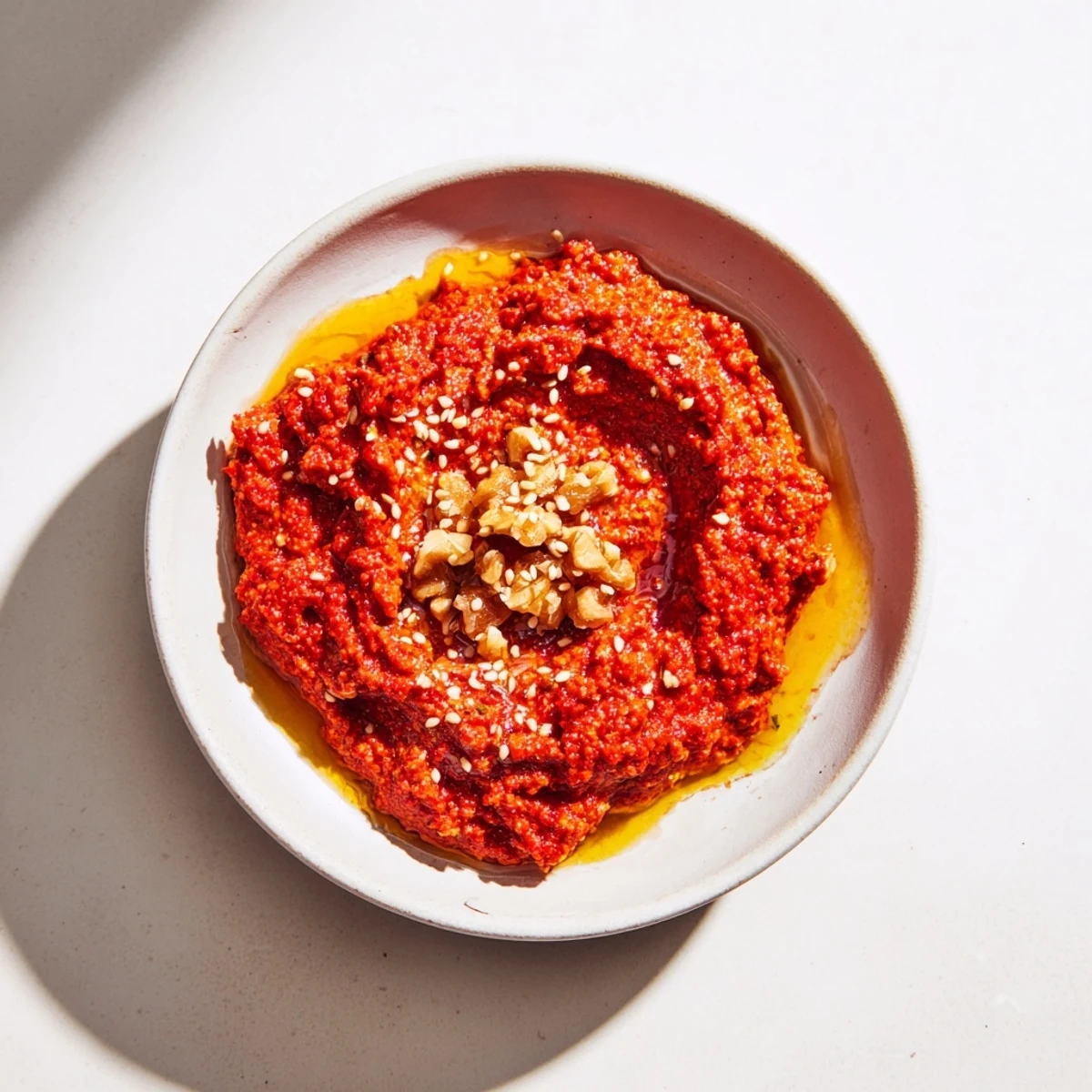 Close-up shot of rich and tangy Syrian Muhammara, perfect for dipping with warm pita bread.